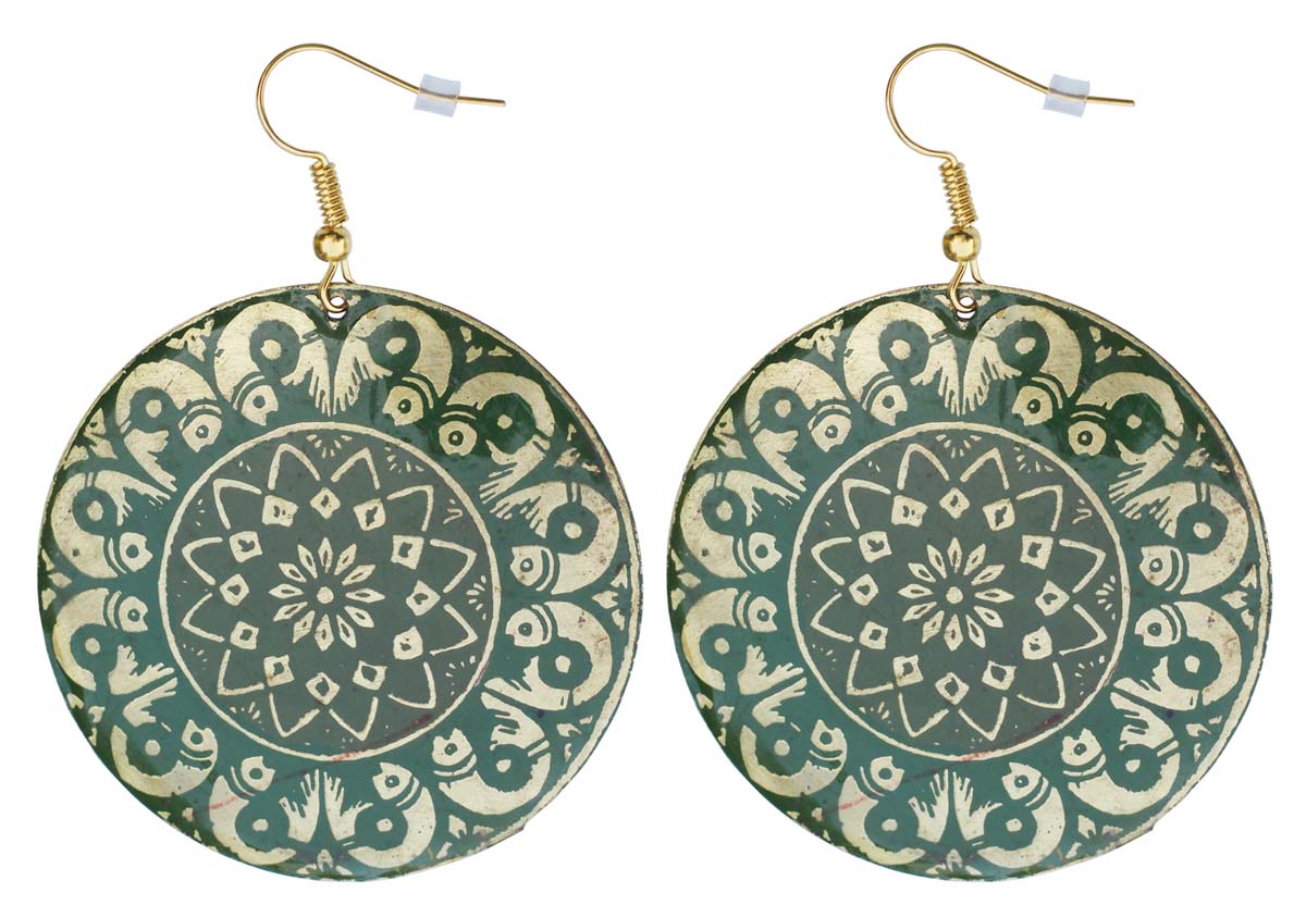 2.5” Round Brass Hook Earrings with Green Off-White Piscean Pattern - Drop Earrings / Accessories for Her - Buy in Bulk Wholesale